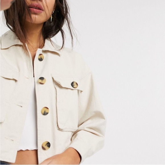 Bershka Women’s Sz M Ivory Canvas Jacket Pockets Buttons Classic Preppy Cropped - Picture 2 of 11